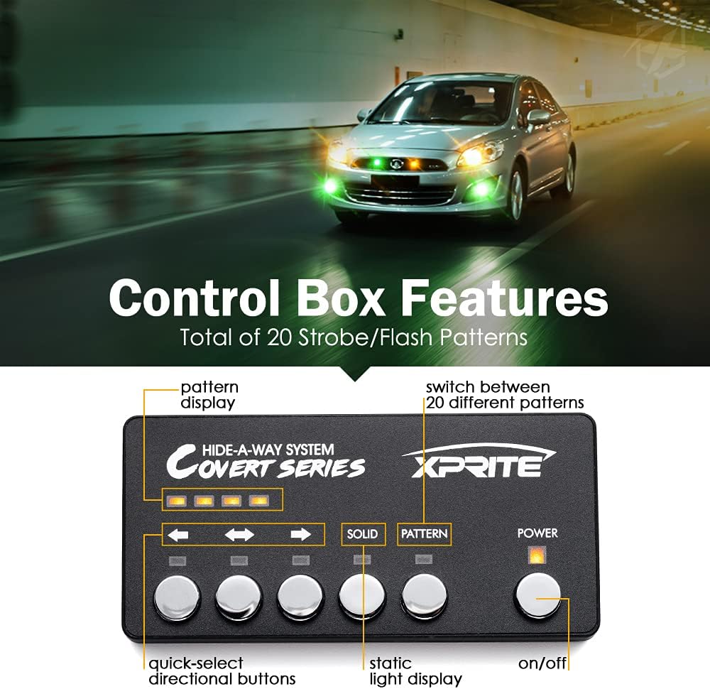 Xprite Amber Green LED Hideaway Strobe Lights Kit 20 Flashing Patterns w/Control Panel Headlights Taillights Fog Marker Light Mounting, for Roadside Emergency Vehicles Trucks SUV Vans 12V Cars 4 PCs
