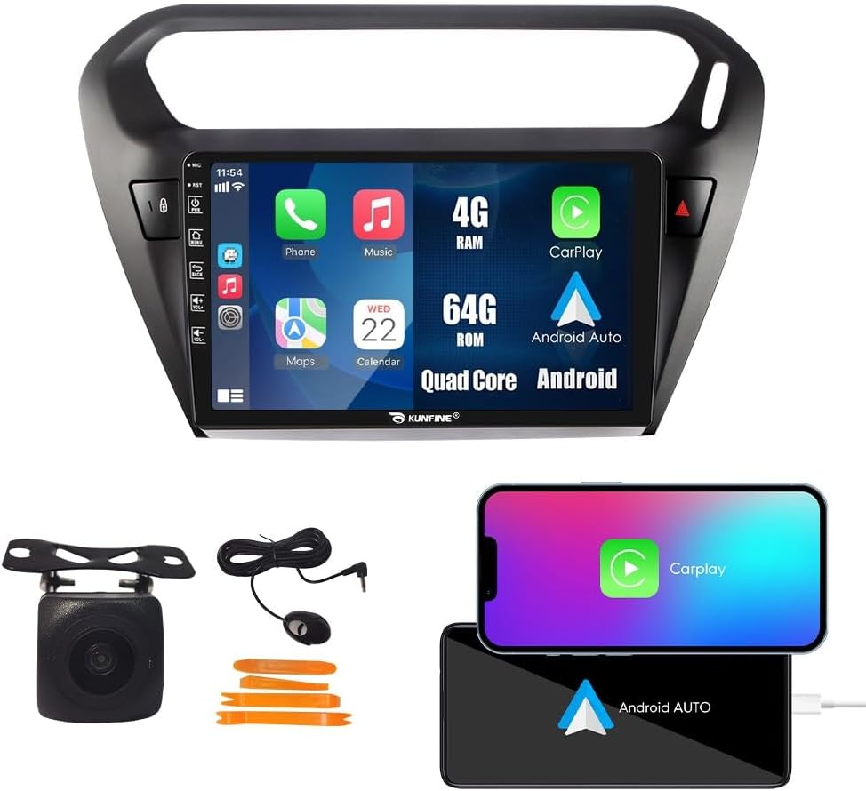 Kunfine Car CarPlay Android Auto Navigation Stereo GPS Radio Reverse Camera Display 9" IPS Touchscreen Headunit Tablet Pad Media Player For Peugeot 301 13-22 if Applicable Quad Core 4G+64G Matte Black