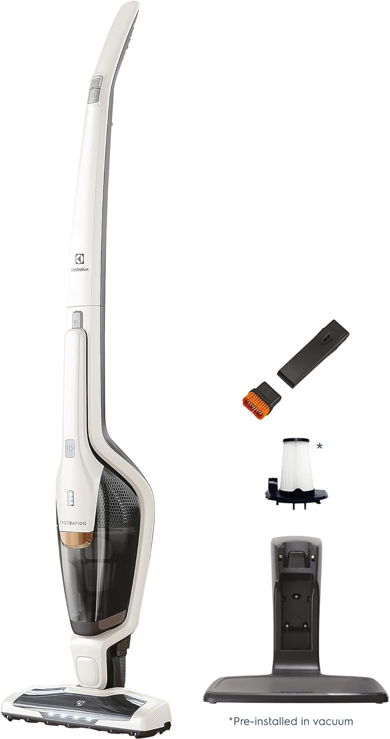 Electrolux Ergorapido Cordless 2-in-1 Vacuum Cleaner with High Suction Power and 180-Degree EasySteer Mobility, 48-Minute Run Time, 2 Power Modes, Satin White