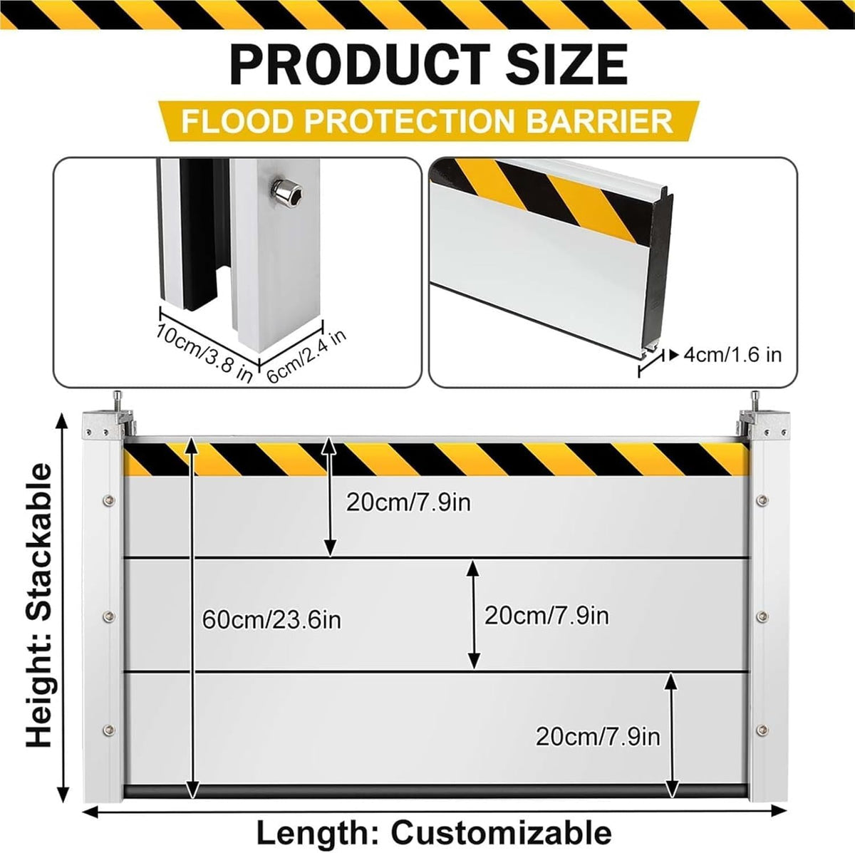 Reusable Heavy Duty Aluminum Flood Barriers for Home Exterior, Flood Protection Barriers Water Barrier Door Quick Detachable Garage Doors Detachable Mobile Rain Water Baffle (H 7.9 inch L 15FT)