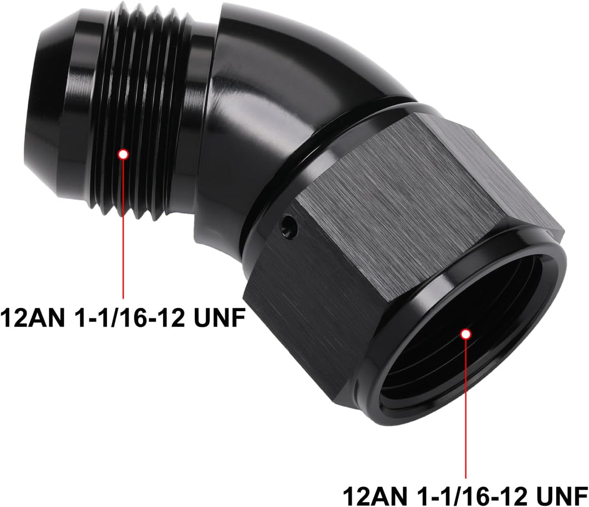 45 Degree 12AN Male to 12AN Female Swivel Full Flow Fitting Adapter Coupler Aluminum Black
