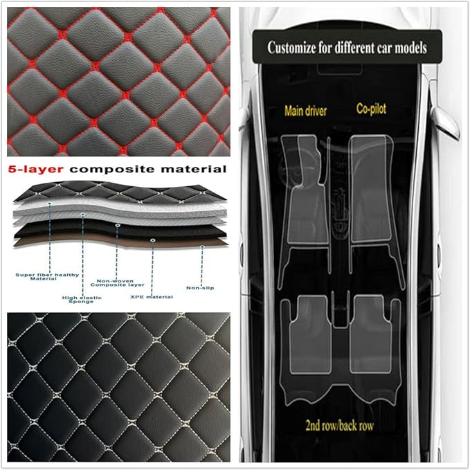 Custom Personalized Floor Mats for Cars - Luxury Full Coverage All Weather Mats, Anti-Slip Leather Mat Set, Fit for 99% of Cars, SUVs & Trucks (Wine Red, A-Diamond)