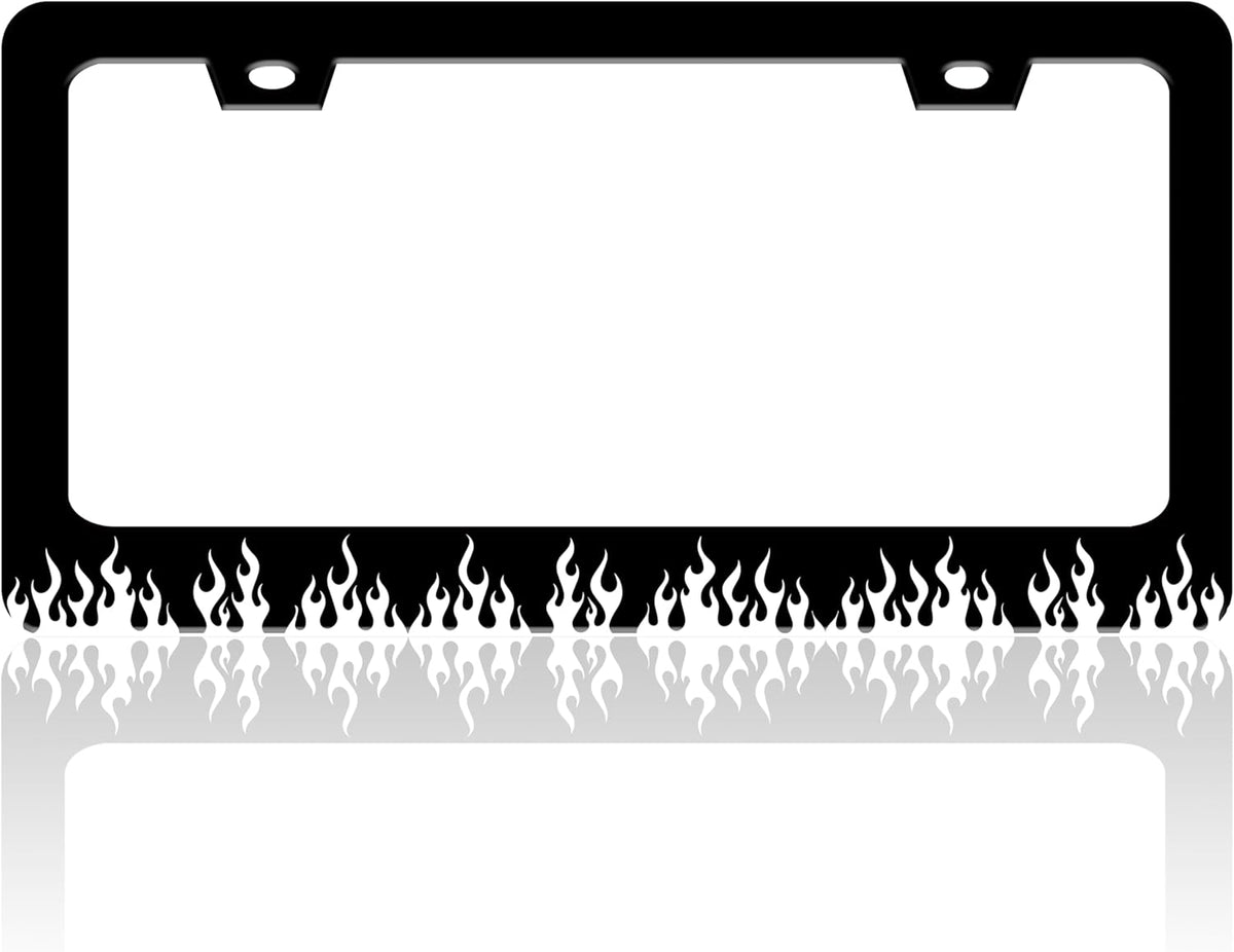 Black and White Flame License Plate Frame Fire License Plate Holder for Front or Rear Car Tags Stainless Steel Funny Car Decoration with Screws 6.3 X 12.2 in