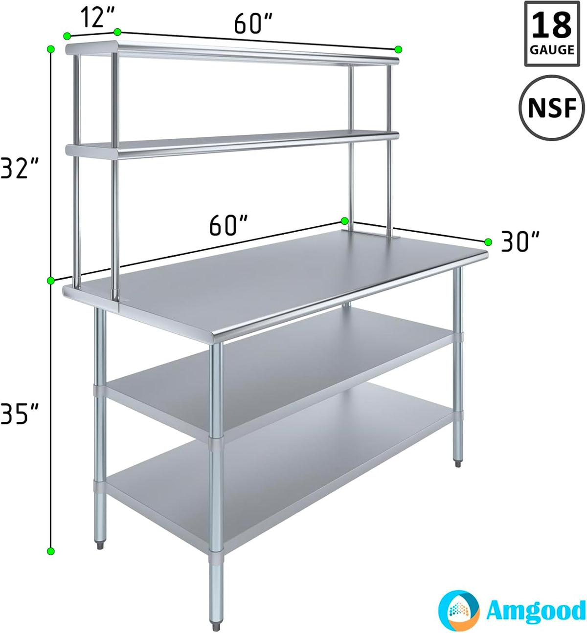 AmGood Stainless Steel Work Table with 2 Shelves | NSF (30" x 60" Table with 2 Shelves + 12" Overshelf)