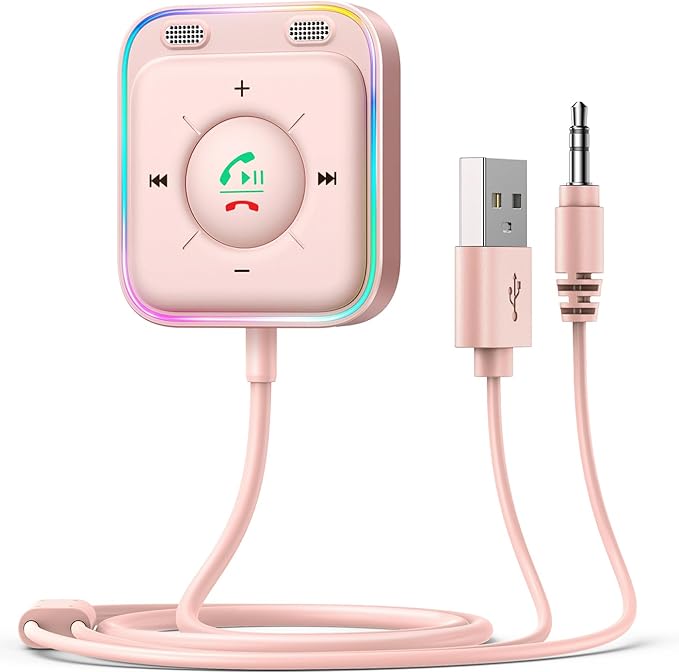 JOYROOM Bluetooth 5.4 Receiver for Car, AUX Bluetooth Car Adapter, 3.5mm Wireless Audio Receiver for Home Stereo/Wired Headphones, Hands-Free Call, Noise Cancelling, Pink