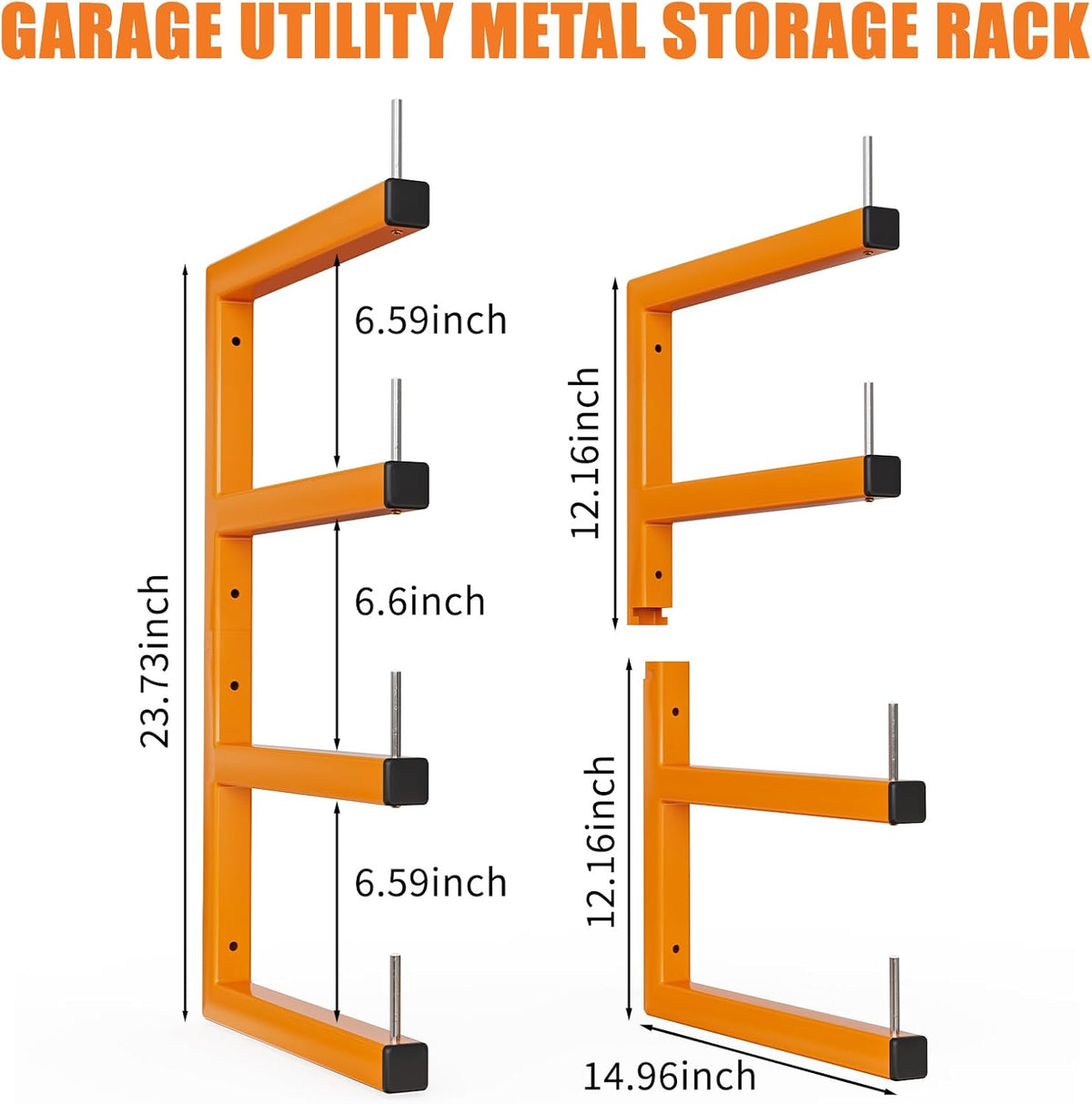 2-Pack Lumber Storage Rack, Wood Storage Racks Wall Mount, Heavy Duty Garage Wood Organizer With 4-Level System, Orange Utility Rack Organization Up 800 Lbs, Metal Lumber Shelf for Indoor and Outdoor