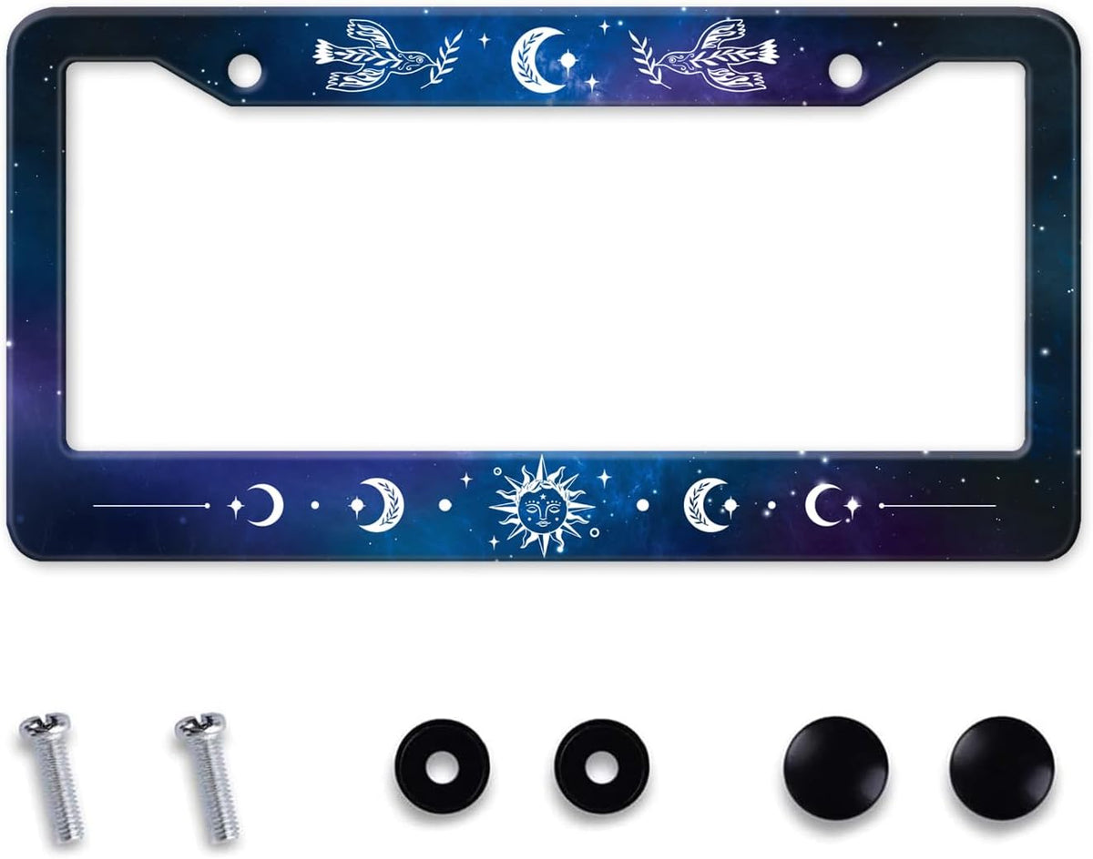 Starry Sun Moon License Plate Frame, Night Sky Moon Phase License Plate Holder Cover, Metal Aluminum Rustproof Car Accessories for Us Canada Standard Women Men 2 Holes with Screw Caps