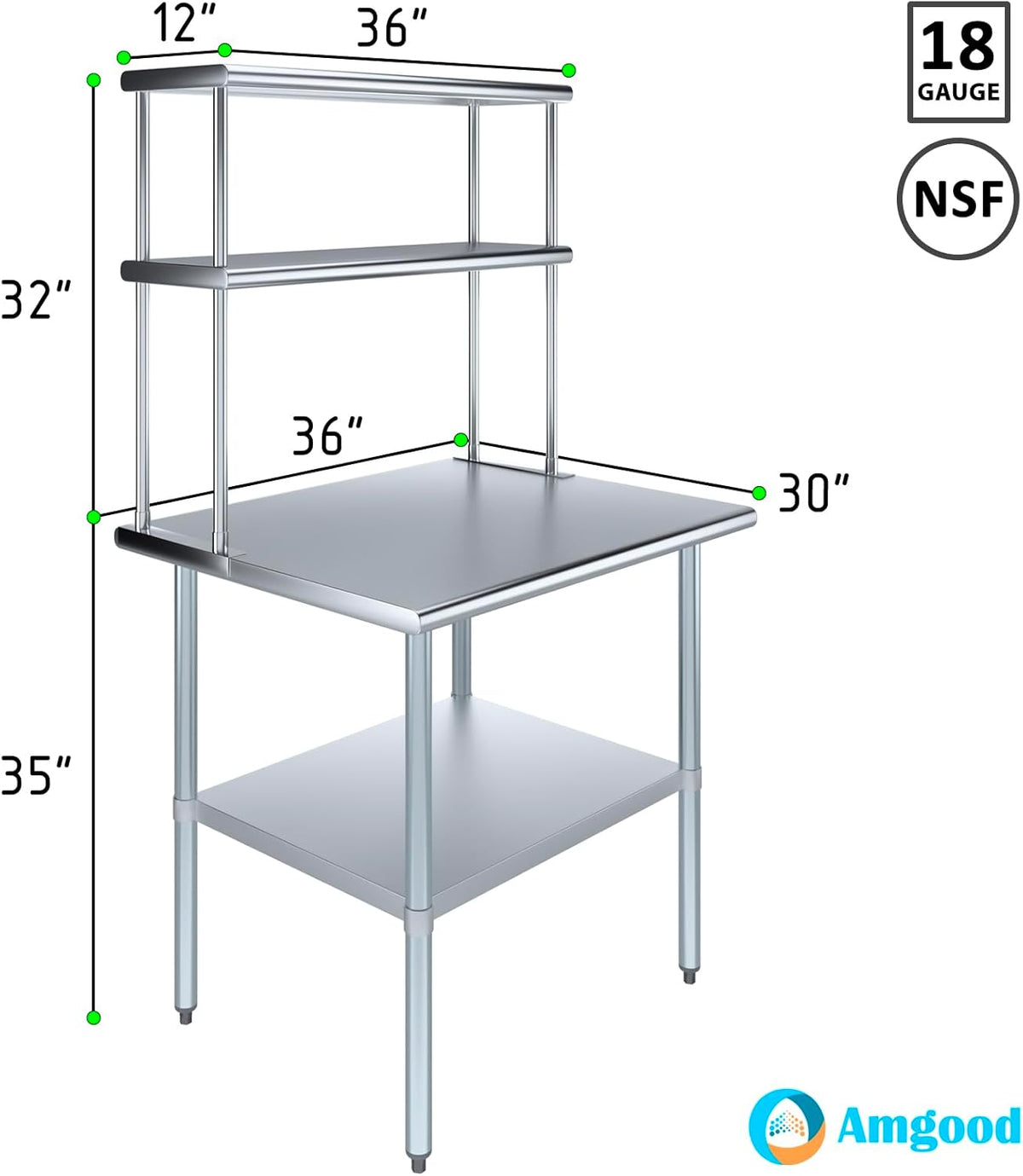 AmGood Stainless Steel Work Table Double Tier Overshelf 30" x 36" Work Table + 12" Overshelf