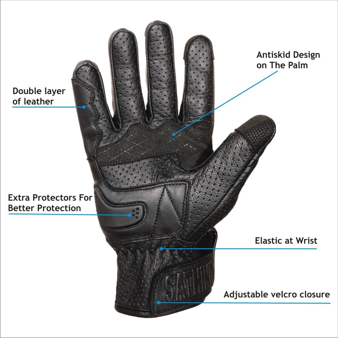 Leather Motorcycle Gloves for Men and Women | Touchscreen | Full Finger | Goatskin Leather Hard Knuckle Motorcycle Riding Gloves (Perforated, Small)