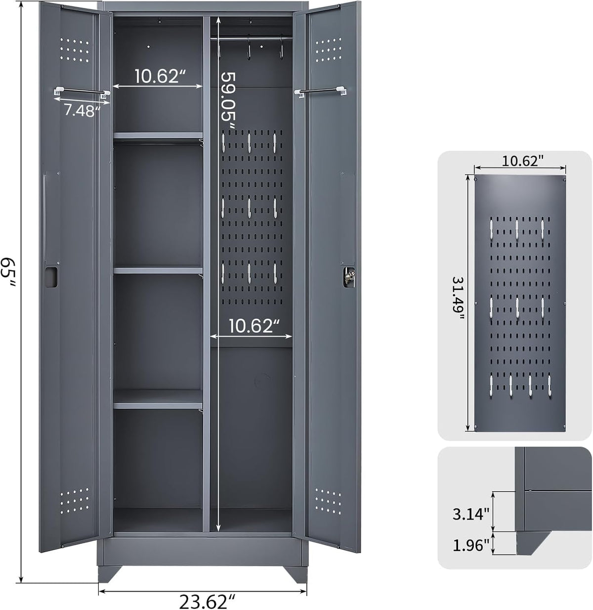 GREATMEET 65" Broom Storage Cabinet, Metal Utility Closet for Brooms and Mops, Cleaning Supply Cabinet with Pegboard, Multifunctional Metal Garage Mop Storage Closet, Grey