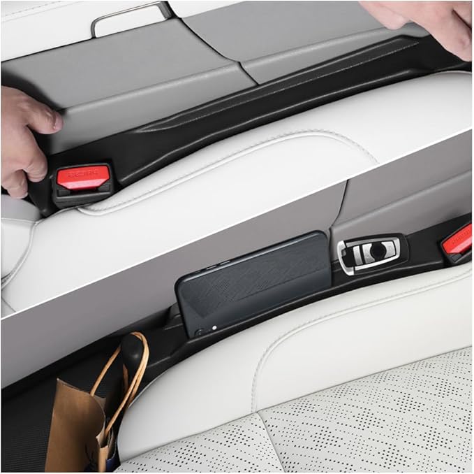 2PCS Car Seat Gap Filler Organizer,3 in 1 Car Seat Side Gap Filler with Hook for Avoiding Dropped Items,Universal No Drop Seats Guard for Filling Gaps 1.37-1.49 Inch Wide (Black)