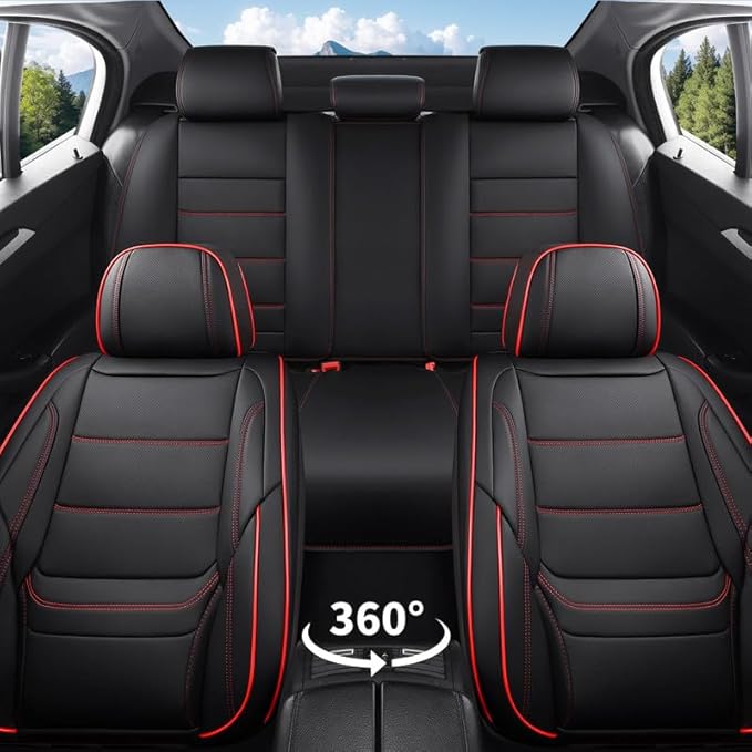 Car Seat Covers Full Set Custom Fit for Chevrolet/Chevy Malibu 2000-2025 2026-Premium Faux Leather with Lumbar Support, Breathable, Waterproof, Anti-Slip, Durable, Easy to Install (Black&Red,Full Set)