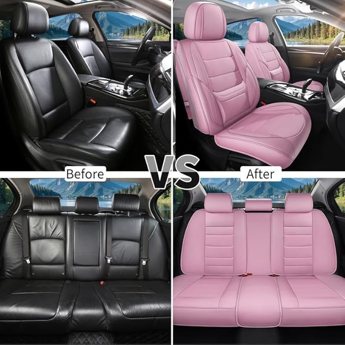 Car Seat Covers Custom Fit for Chevrolet/Chevy Captiva 2006-2018, Premium Faux Leather Waterproof Car Seat Protectors with Lumbar Support, Breathable Anti-Slip Easy to Install(Pink,Full Set)