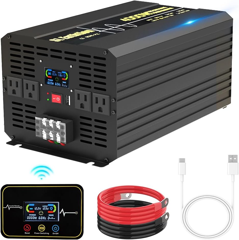 4000W Pure Sine Wave Power Inverter 12V DC to 120V AC 60HZ with LCD Display, USB Port, Wireless Remote Control（10M）, Solar, Outdoor