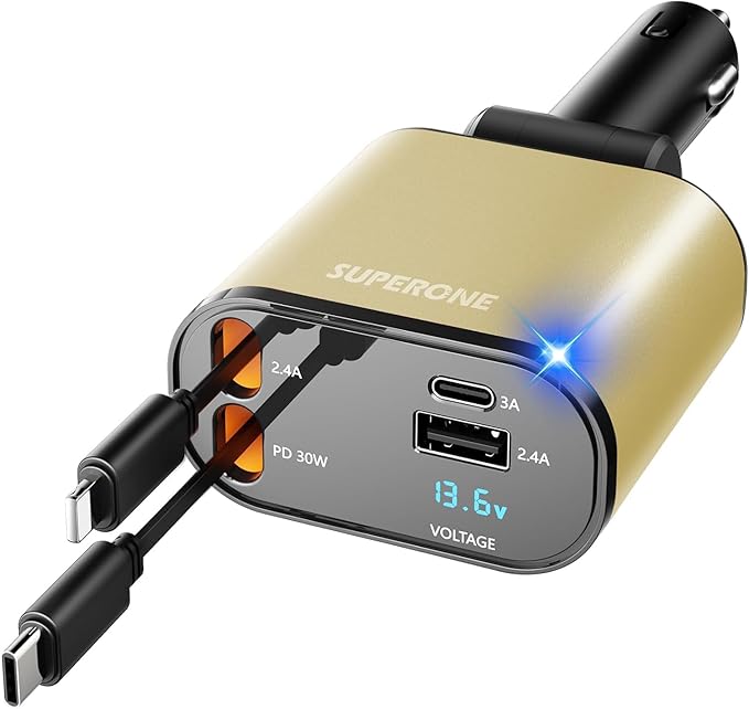 【Upgraded】 SUPERONE Retractable Car Charger 4 in 1, Fast Car Phone Charger with Cord 2.6ft, USB C and Apple Car Charger Adapter, Compatible with iPhone 17/16/15/15 Pro Max/14/13/12/11, Galaxy, Pixel