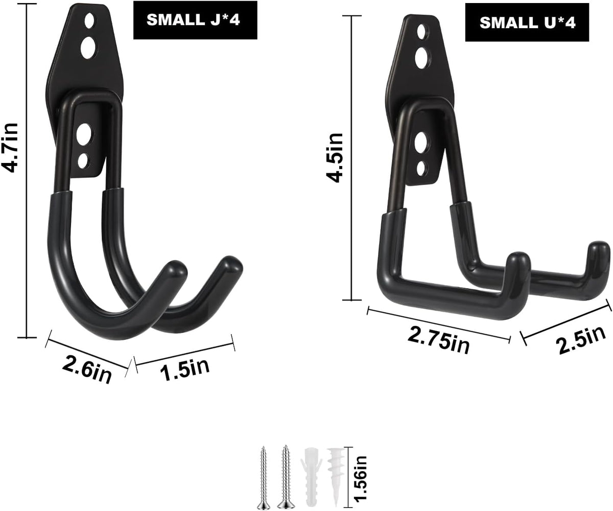 Steel Garage Hooks Wall Tool Organizer, 8 Pack Garage Storage Hook Heavy Duty Utility Storage Hangers Black for Ladders, Ropes, Garden Tools