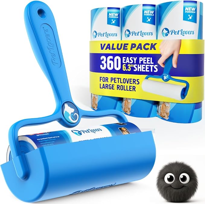 PetLovers 6.3" Large Lint Roller for Pet Hair Extra Sticky 360 Sheets, Ideal for Pet Hair Removal from Furniture & Clothes, Dog and Cat Lint Remover 4 Pack
