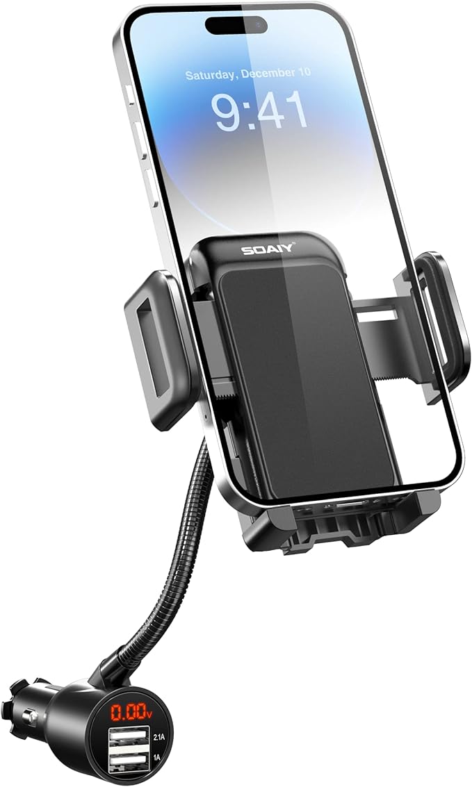 SOAIY 3-in-1 Cigarette Lighter Car Mount + Voltage Detector (Not for Center Console & Window), Dual USB 3.1A Charger with Adjust Gooseneck & 360° Rotating Car Mount Cradle for 1.7-3.7inch Width Phones