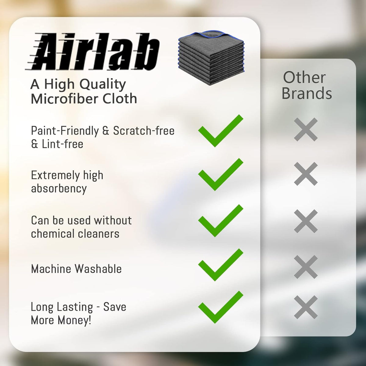 Airlab Microfiber Towels for Cars Wash Drying Auto Detailing, Highly Absorbent, Lint-Free, Streak-Free, All-Purpose Cleaning Cloths for Household, 16" x 16", Pack of 8, Grey