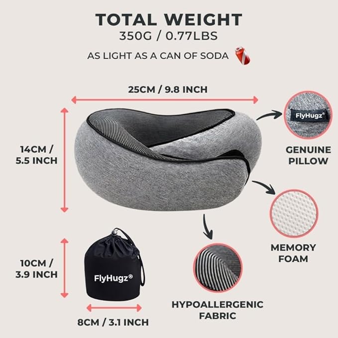 FlyHugz® Neck Travel Pillow | Memory Foam Neck Pillow for Comfort on Airplane | Compact and Ergonomic Design for Travel, Car Rides, and Home Use | Ideal for Adults and Kids