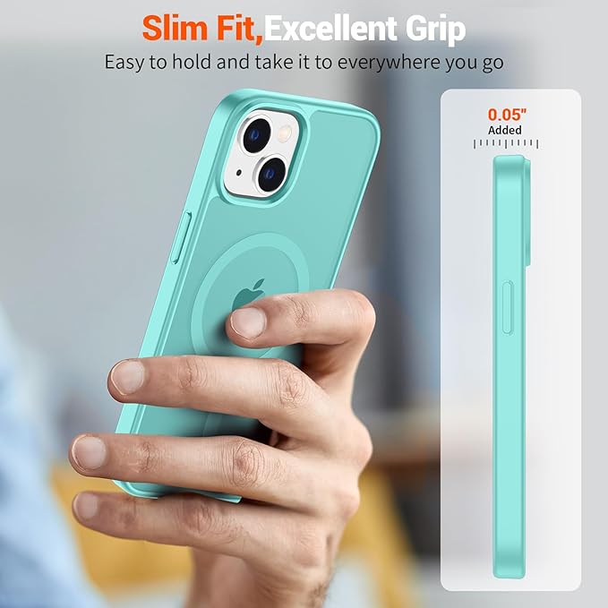 SUPFINE Magnetic for iPhone 14 Case & iPhone 13 Case (Compatible with MagSafe)(Military Grade Drop Protection) Slim Translucent Matte Shockproof Phone Cover,Blue Green