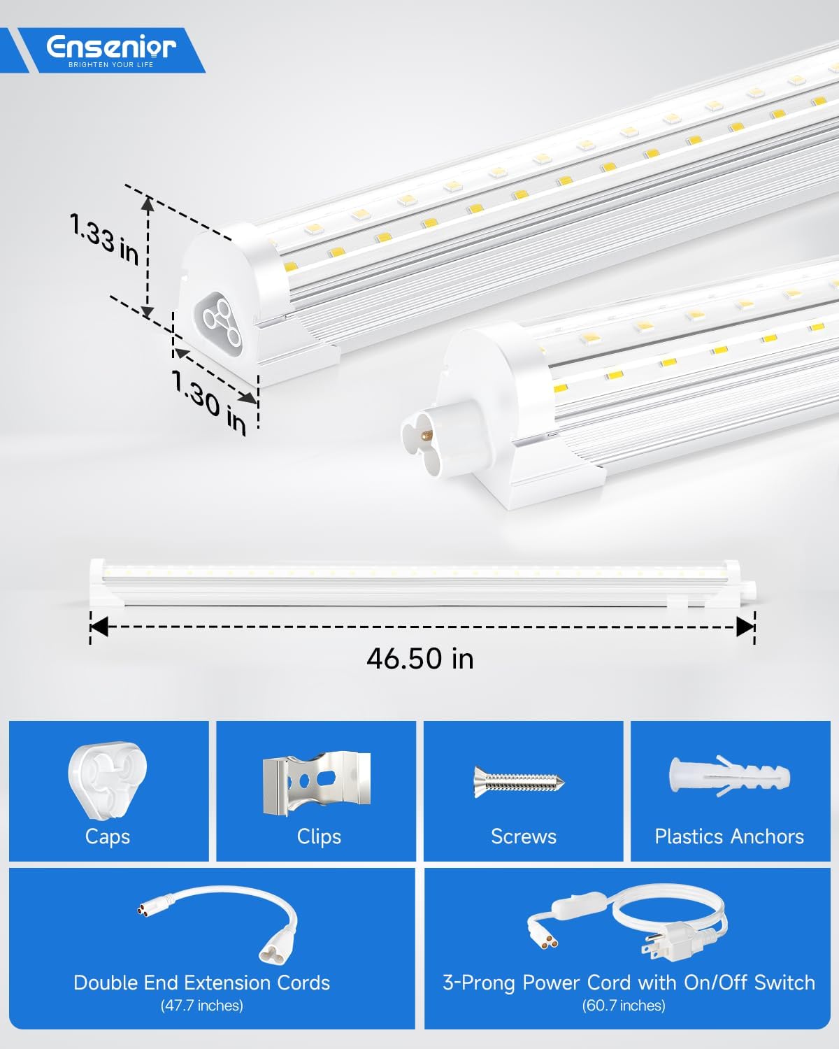 Ensenior 6 Pack 4 FT Led Shop Lights, 6000K Clear White, 5000LM Super Bright, 36W Equivalency 468W, Commercial Bay Lighting, U-Shaped Linkable Shop Lights Plug in for Garage, Workshop, FCC Certified