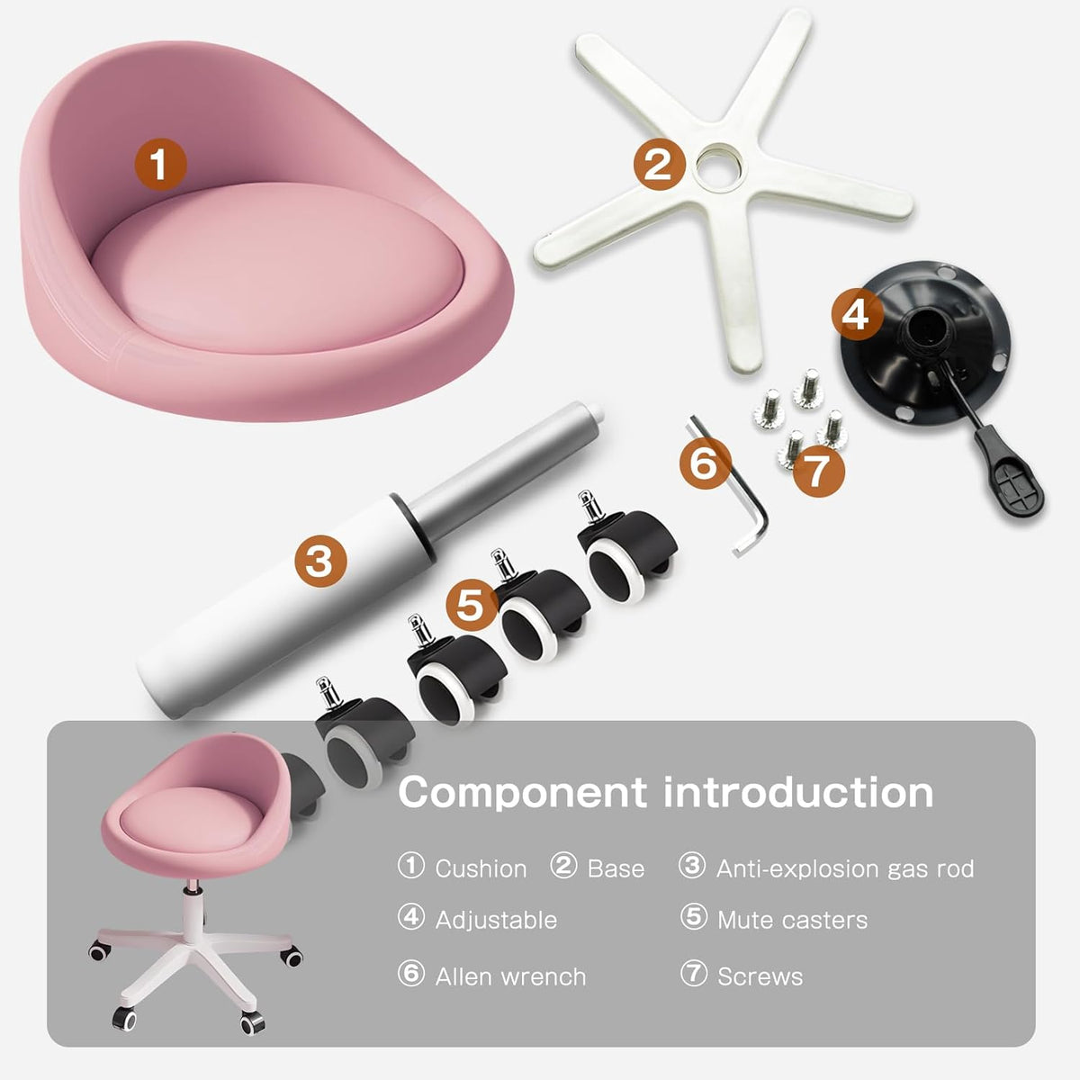 Rolling Stool Rolling Hydraulic Salon Stool with Low Backrest - Adjustable Swivel Chair for SPA, Shop, Salon, Massage, or Medical Office Pink