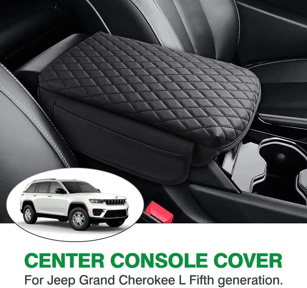 Shademax Custom for Center Console Cover Jeep Grand Cherokee L Accessories 2021-2023 2024 2025 2026 Armrest Cover Center Console Pad Leather Armrest Seat Box Cover Protector with Pockets Storage Bag