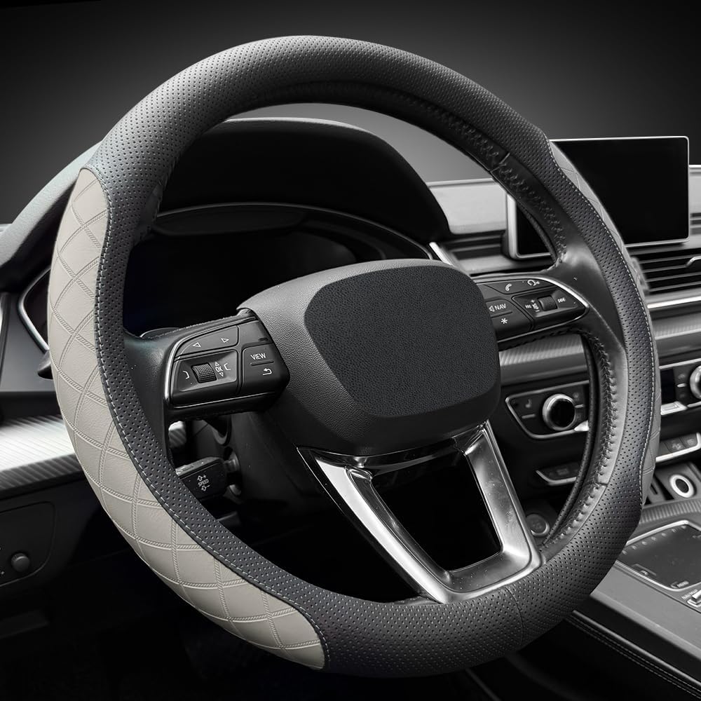 LKWLIKEI Nappa Leather Steering Wheel Cover,Elegant Diamond Checkered Design, Non-Slip wear-Resistant, Enhance Driving Comfort, Suitable for Steering Wheel Diameter 14 1/2‘-15’ Models.Black Gray