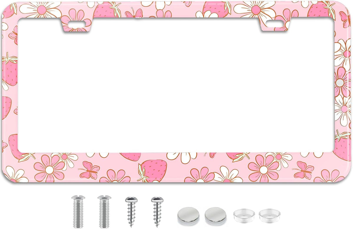 Pink Strawberry Butterfly Floral License Plate Frame Stainless Steel License Plate Frames Holder Covers Rust-Proof Auto Parts Decoration with Screws License Plate Holder for Car Accessories 12x6 Inch
