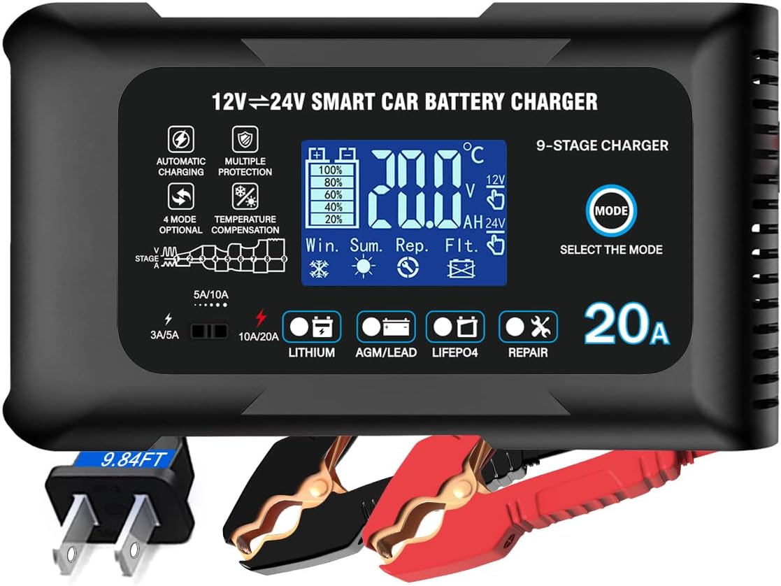 Battery Charger 0-20A 12V/24V Lithium LiFePO4 Lead Acid Fully Automatic Maintainer, Smart Car Battery Charger,Trickle Charger w/Pulse Repair for Trucks,Boats,Motorcycles,Deep Cycle Batteries ﻿