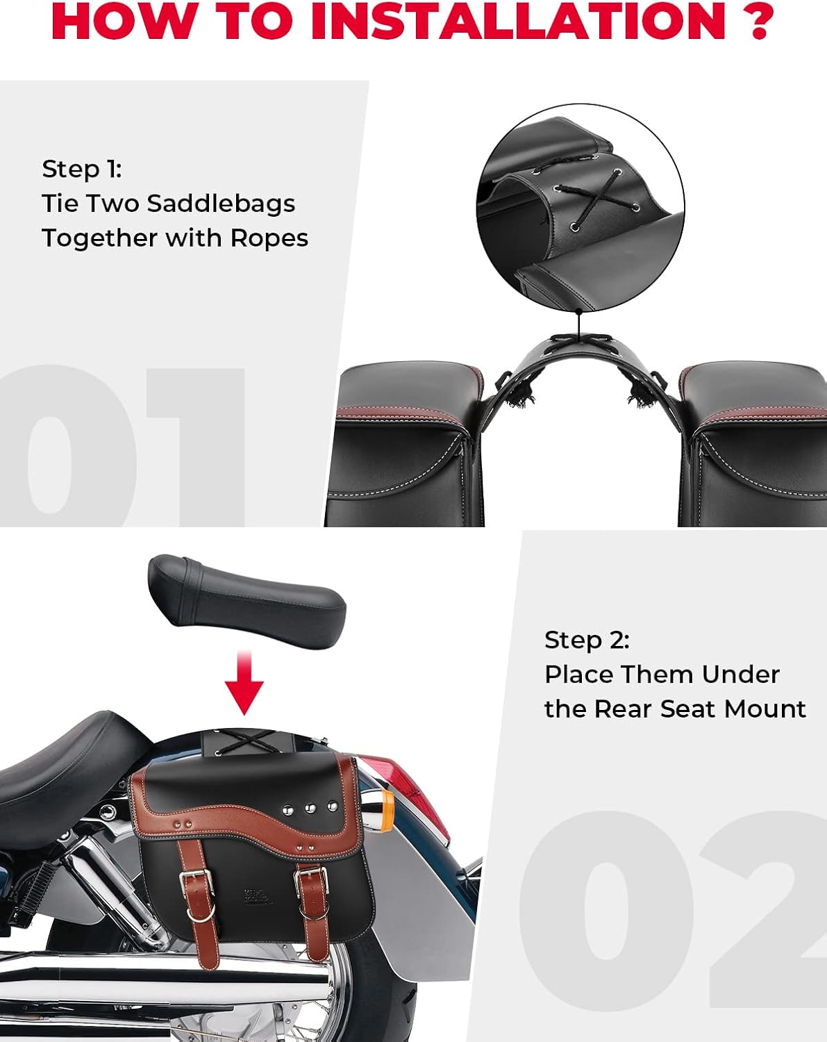 KEMIMOTO Motorcycle Saddlebags, 30L Large Capacity Saddle Bags Motorcycles, PU Leather Motorcycle Luggage Bag for Sportster Softail Dyna V-star Shadow, Universal Motorcycle Accessories, Brown