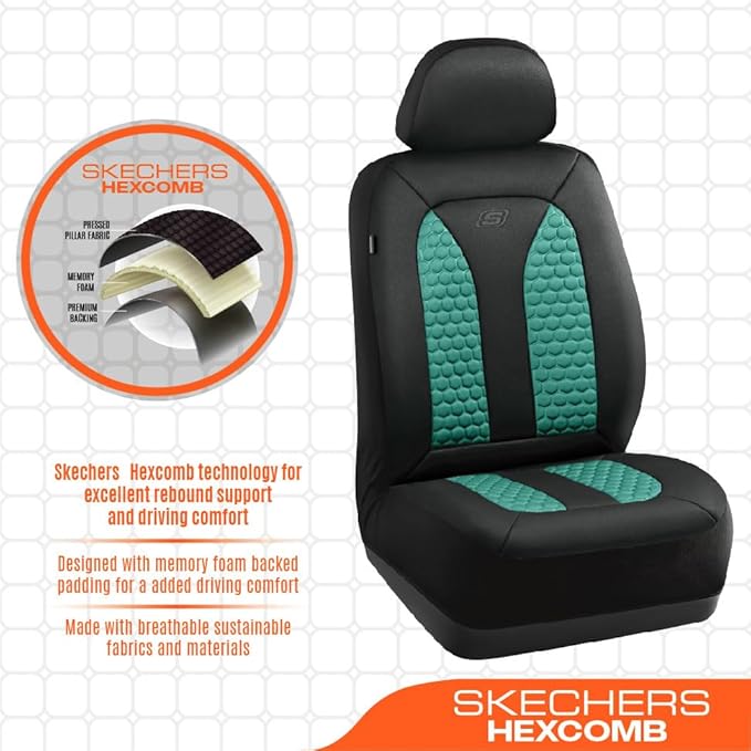 Skechers Memory Foam™ Car Seat Covers, Hexcomb Breathable Thick Seat Covers Two Front Seat Covers, Airbag Compatible, Automotive Comfort & Protection for Most Cars,Van,Trucks, SUVs (Green,Two Front)
