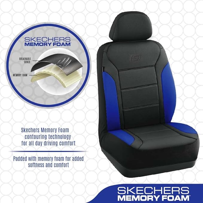 Skechers Memory Foam Car Seat Covers, Lycra Fabric Seat Covers Thick Memory Foam, Car Seat Cover Full Sets, Airbag Compatible, Automotive Comfort Protection for Most Cars, Trucks, SUVs, Blue