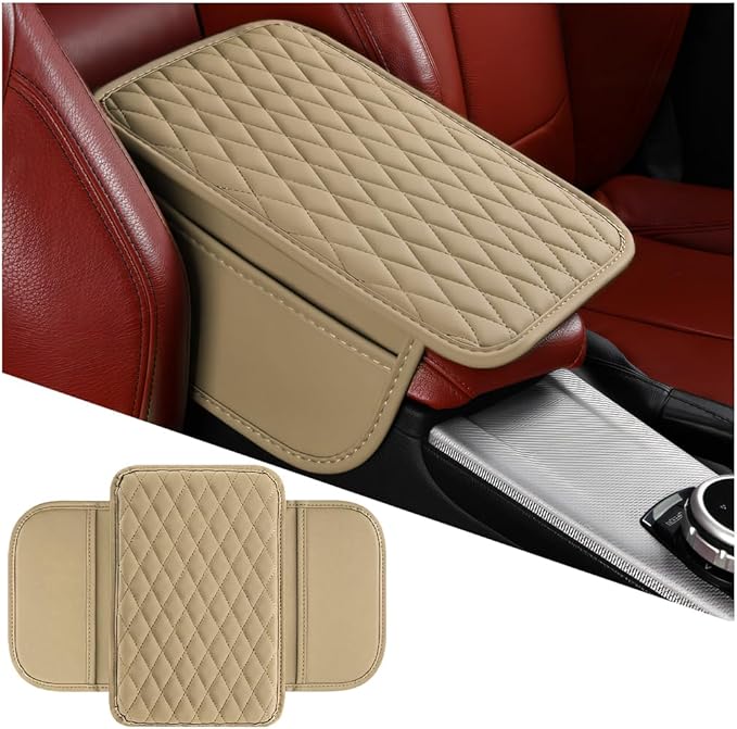 Mandark Car Center Console Cover, Microfiber Leather Vehicle Armrest Protector Cushion with 2 Storage Bags, Auto Interior Arm Rest Seat Box Pad Accessories, Universal for SUV, Sedan, Truck (Beige)