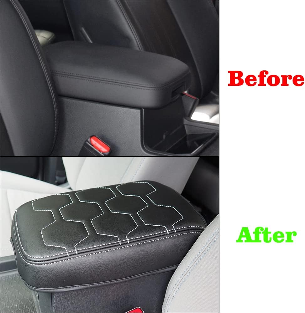 Muslogy for Frontier Center Console Pad Armrest Box Cover Vegan Leather Soft Accessories Armrest Lid Protector Compatible with Nissan Frontier 2022-2024 2025 (Regular Thick, V1 White Stitching)