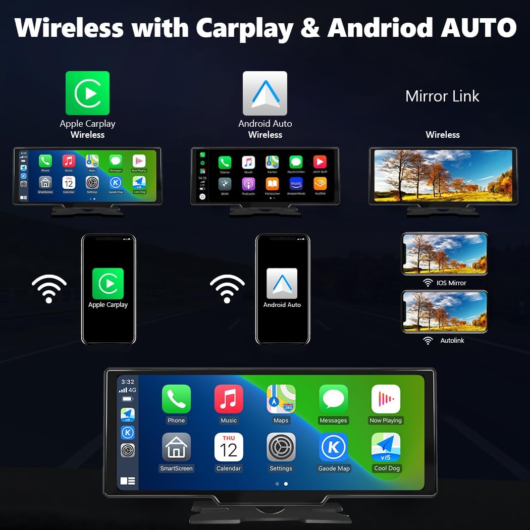 Portable Carplay Screen for Car, 9.28" HD Carplay and Android Auto Screen, Touch Screen with 4K Dash Cam,Audio Receivers GPS Navigation, Mirror Link, Car Play, AUX,Siri,AirPlay