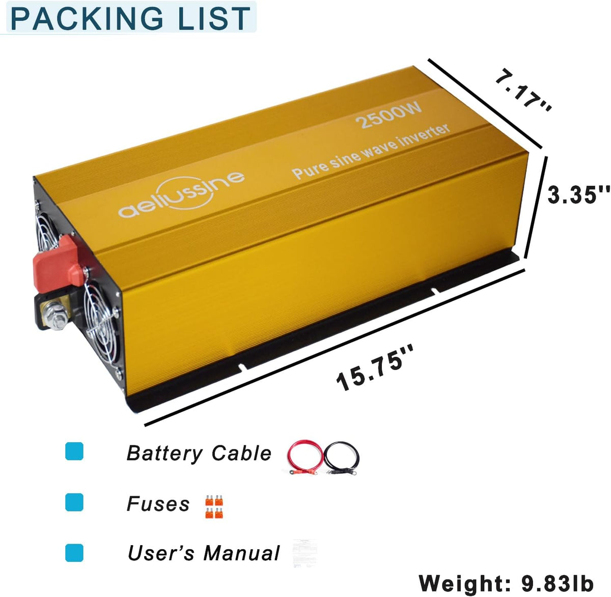 2500W Pure Sine Wave Inverter-36V DC to 110V 120V AC Power Converter with 2 AC Outlets, 36 Volt Power Inverter for Truck, Rv, Camping, Home, Emergency Power