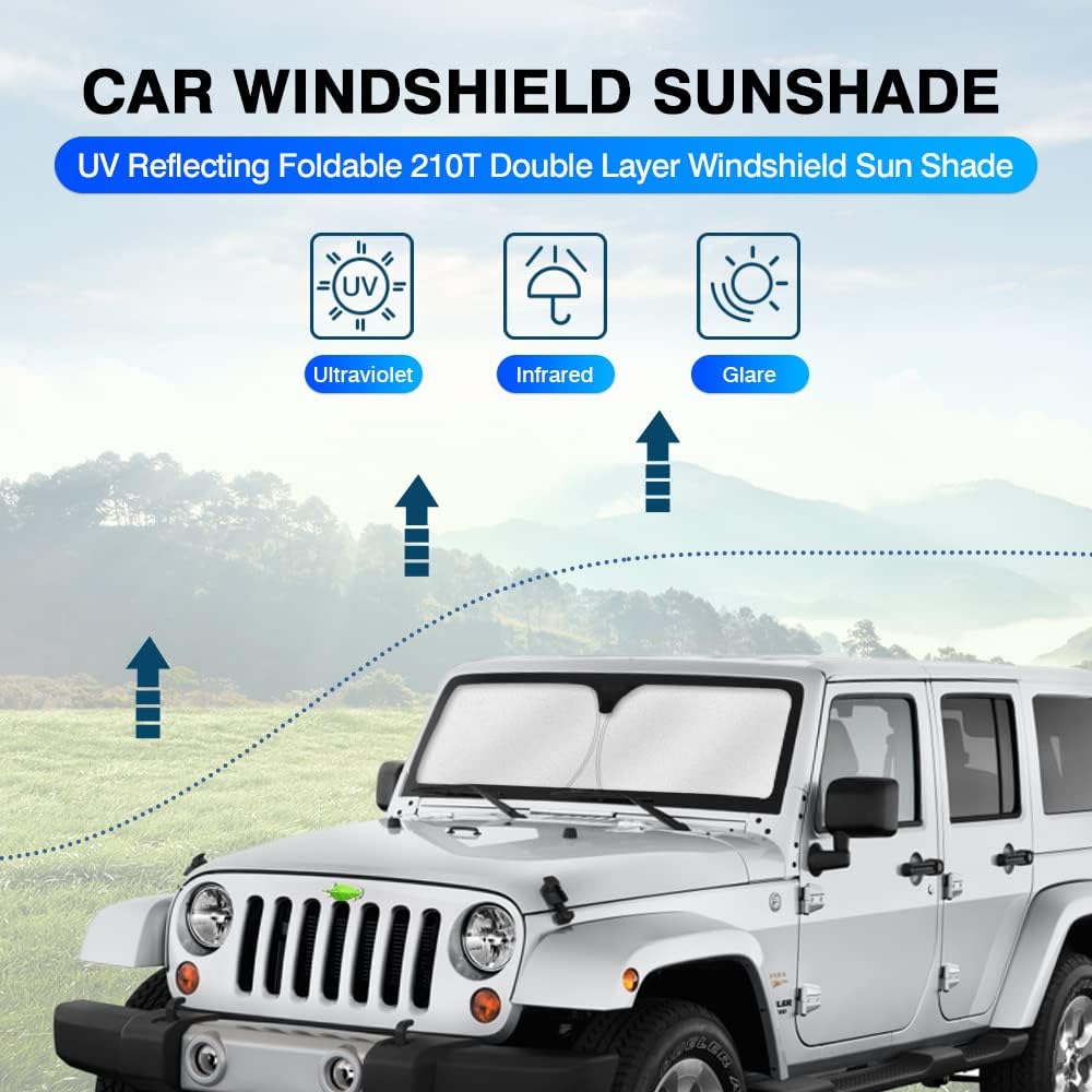 KUST Windshield Sun Shade for 1997-2017 Jeep Wrangler Rubicon Sahara TJ JK JKU 2/4 Doors Sunshade Window Sun Visor Protector Foldable Blocks UV Rays Keep Your Car Cooler