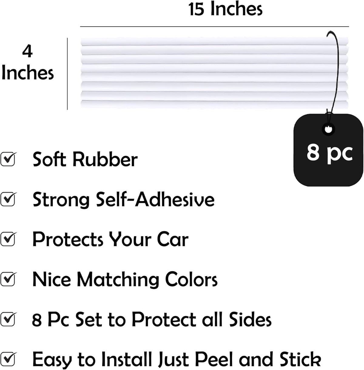 Rubber Bond Garage Wall Protectors 8 Pack - 4x15 Inches Strong Self-Adhesive Rubber Bumper Protectors for Garage Walls - Anti-Scratch and Waterproof Garage Wall Protector (White)