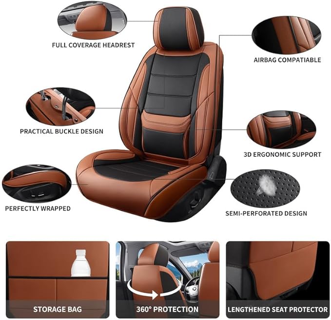 Car Seat Covers Full Set Custom Fit for Ford Maverick 2022-2026-Luxury Leather with Lumbar Support, Breathable, Waterproof, Anti-Slip, Durable, Easy to Install (BlackBrown,Full Set)