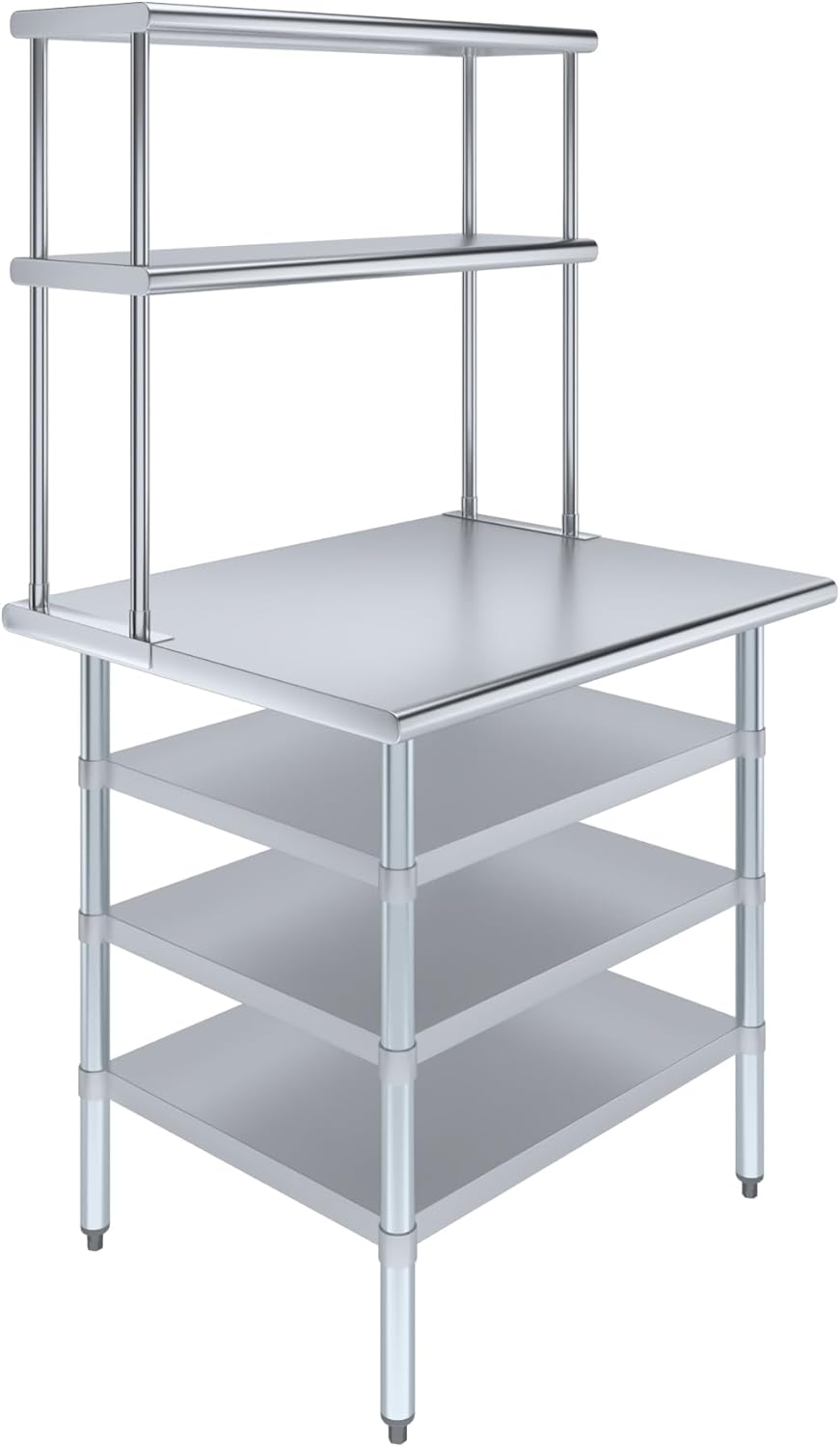 Amgood 30" x 36" Stainless Steel Work Table with 3 Shelves and 12" Wide Double Tier Overshelf | Metal Kitchen Prep Table & Shelving Combo | NSF