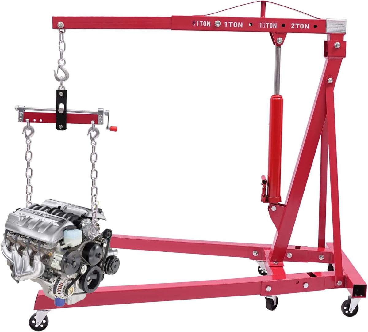 Folding Engine Crane 2 Ton Folding Engine Hoist with Engine Leveler 4400lbs Hydraulic Crane with 6 Iron Caster Wheels for Garage, Workshop (Red)