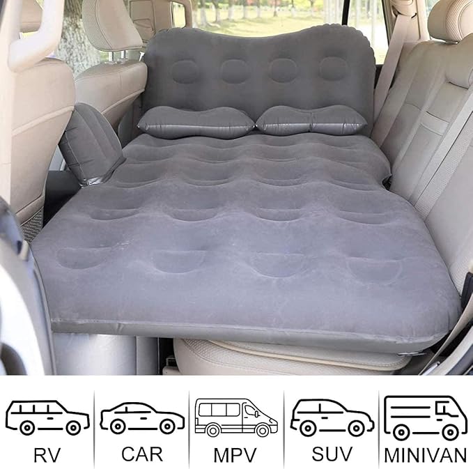 SAYGOGO Inflatable Travel Mattress - Thickened Camping Bed Sleeping Pad with Air Pump, 2 Pillows for SUV, Sedan, Pickup Back Seat - Grey