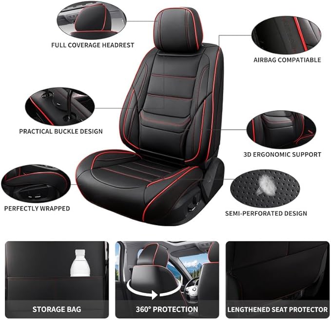Car Seat Covers Custom Fit for Chevrolet/Chevy Volt 2010-2019 , Premium Faux Leather Waterproof Car Seat Protectors with Lumbar Support, Breathable Anti-Slip Easy to install(Black&Red,Full set)