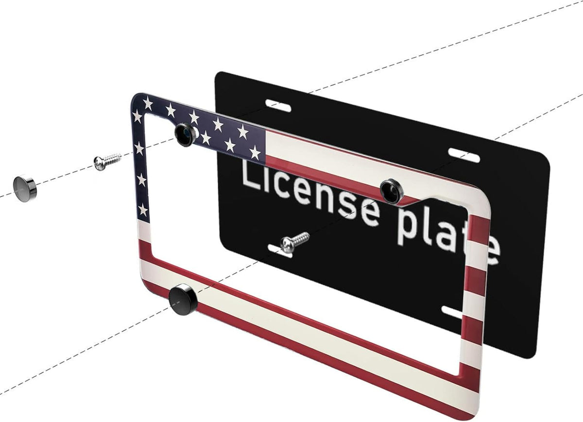 American Flag License Plate Frame,Patriotic License Plate Frame,Flag License Plate Frame US Car Tag Frames Holders Covers Stainless Aluminum 2 Pack 2 Holes Car Accessories