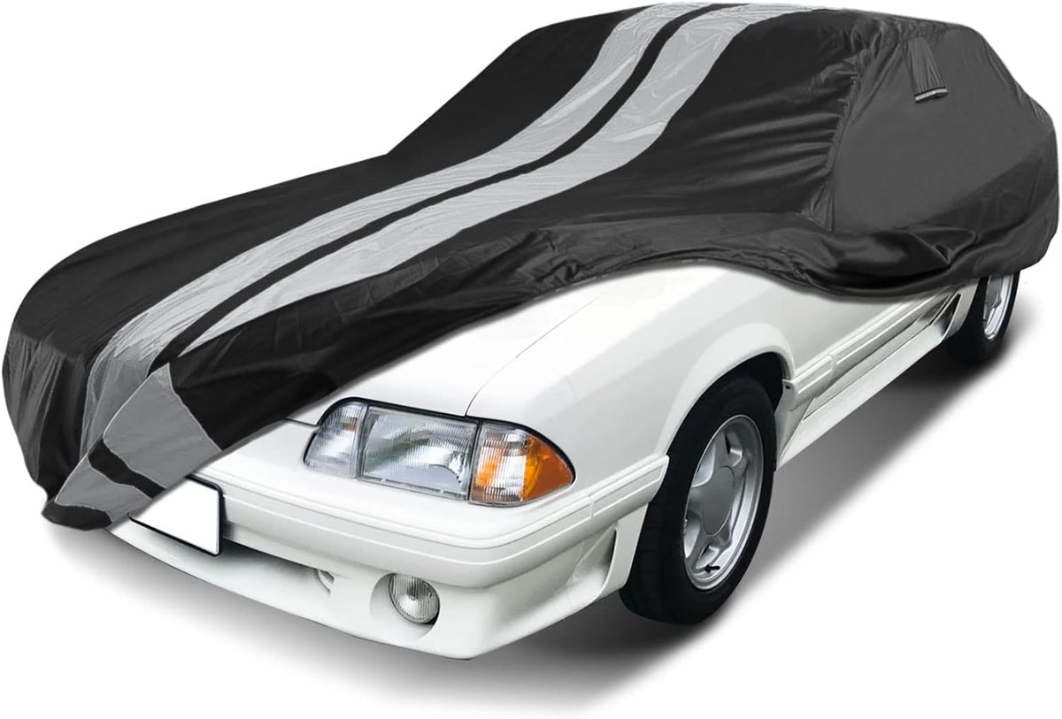iCarCover Custom Car Cover for 1979-2004 Ford Mustang LX, GT Waterproof All Weather Rain Snow UV Sun Protector Full Exterior Indoor Outdoor Car Cover (Stripe - Black/Gray)
