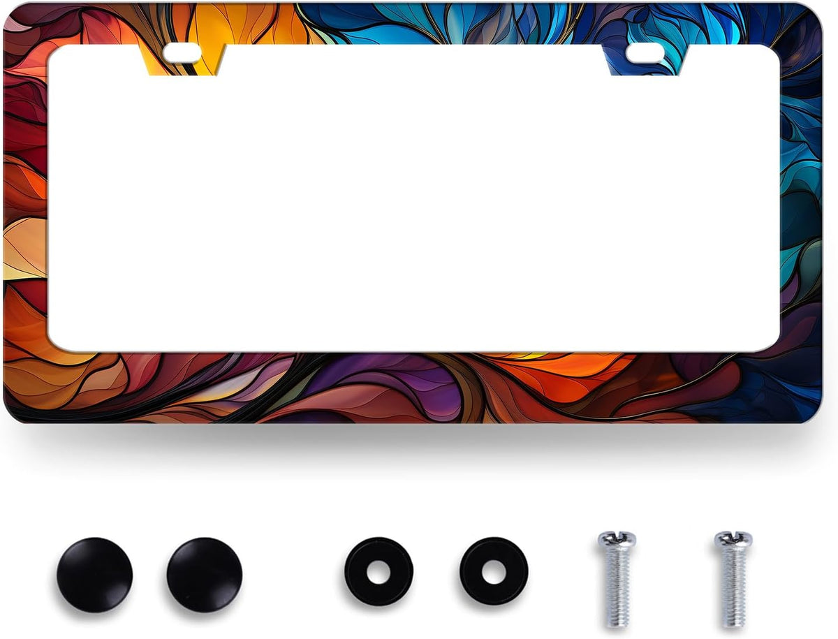 Abstract Leaf License Plate Frame Beautiful Leaves Floral License Plate Holder Stainless Steel Colorful Car Accessory Funny License Plate Decoration Size 12.2" x 6.2" with Screws