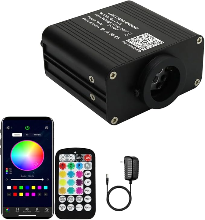AZIMOM Small Size 16W Twinkle& Sound Activated Fiber Optic Light Source RGBW Light Box Engine Diver APP/Remote Control Music Sensor Mode for Car Home Star Ceiling Light Effect Decoration