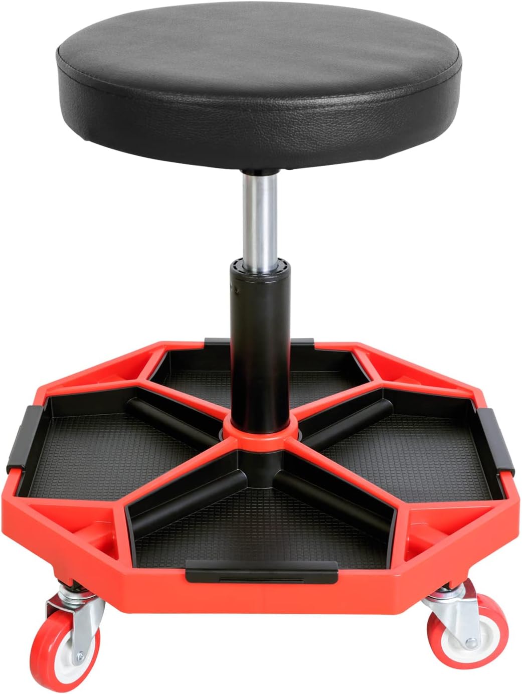 Torin ATRXF8308B Pneumatic Mechanic Stool/Rolling Shop Creeper Seat with Adjustable Height and 4 Removable Tool Trays, 300 lb Capacity, Black/Red
